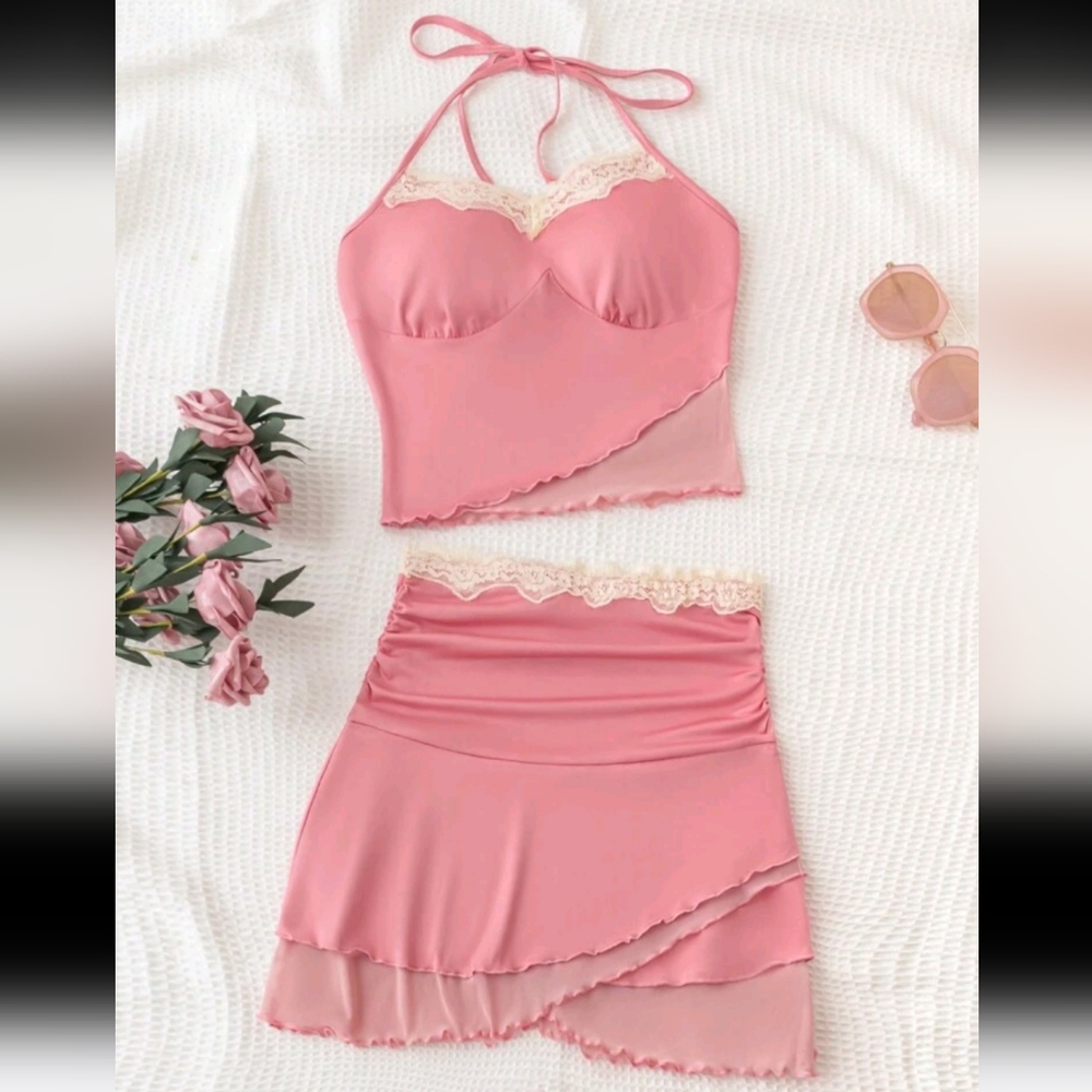 2pc Pink W/Off-White Lace Detail Halter Top & Skirt Set W/Lettuce Trim Hem (M/L)